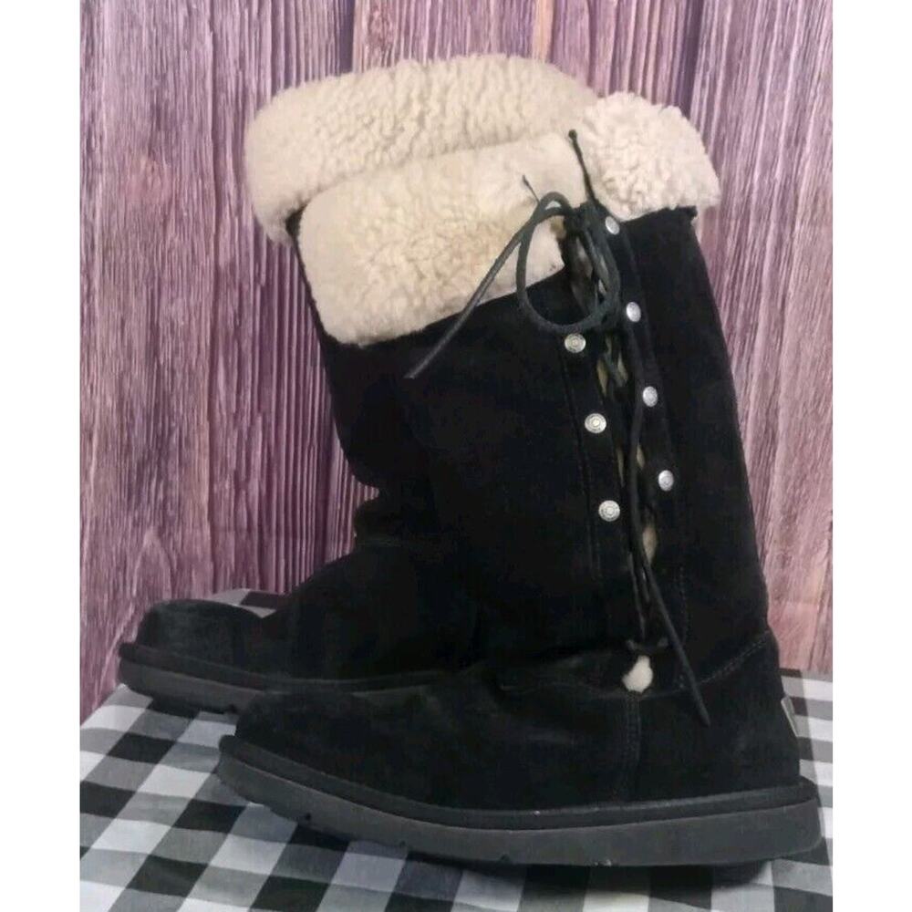 UGG Black Suede Lace-Up Shearling Cuff Boots - Picture 5 of 9